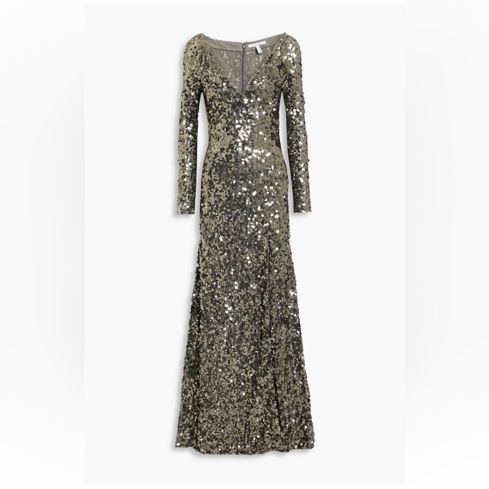 Rachel Gilbert Gunmetal Sequin Tulle High Split Maxi Gown NWT AU0/US2